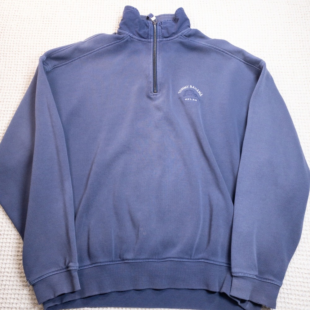 Tommy Bahama Relax Mens L Quarter Zip Sweatshirt Blue Cotton Pullover Logo
